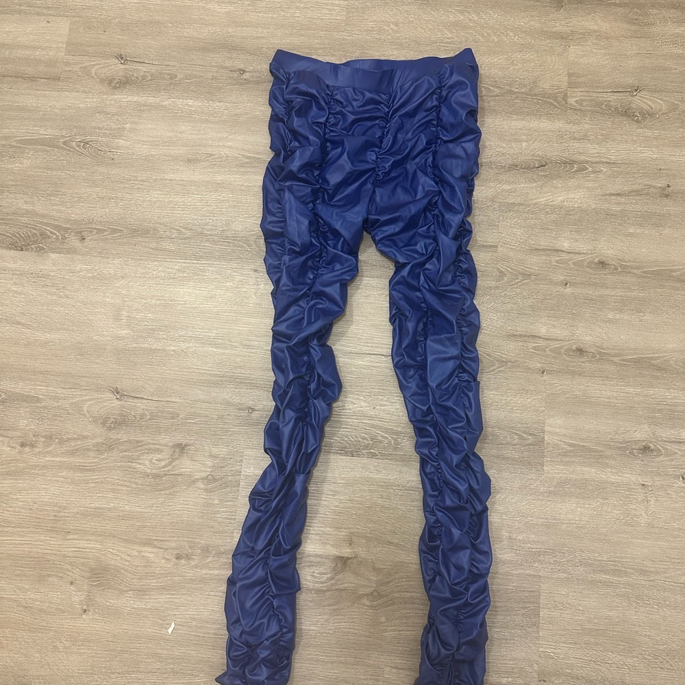Blue Stacked Leather Pants